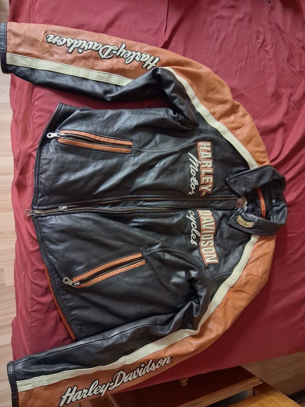 Harley-Davidson Black, Tan & Cream Leather Bomber Jacket